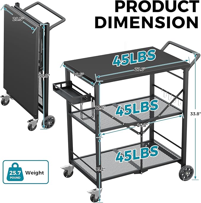 Ciokea Folding Outdoor Grill Cart with Wheels, Foldable Outdoor Grill Table with 27"x18" INCH Top, 3-Shelf Prep Table, Pizza Oven Stand, Metal Portable Kitchen Cart for BBQ Patio Camping (All Black)