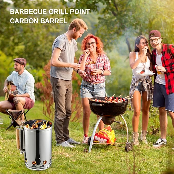 GANAZONO Quick Coal Starter Barrel BBQ Chimney Starter Grill Fire Starter with Heat Shield and Wooden Handle for Outdoor Barbecue Cooking