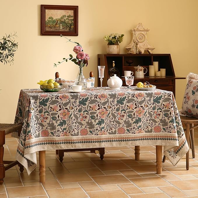 ISAENNE Designer Boho Floral Rectangular Tablecloth,Linen Lotus Flower Pattern Colorful Indoor Table Cloth,Durable Decor Tablecloths for Dining Thanksgiving Kitchen Christmas,55"*87"-Hazel A