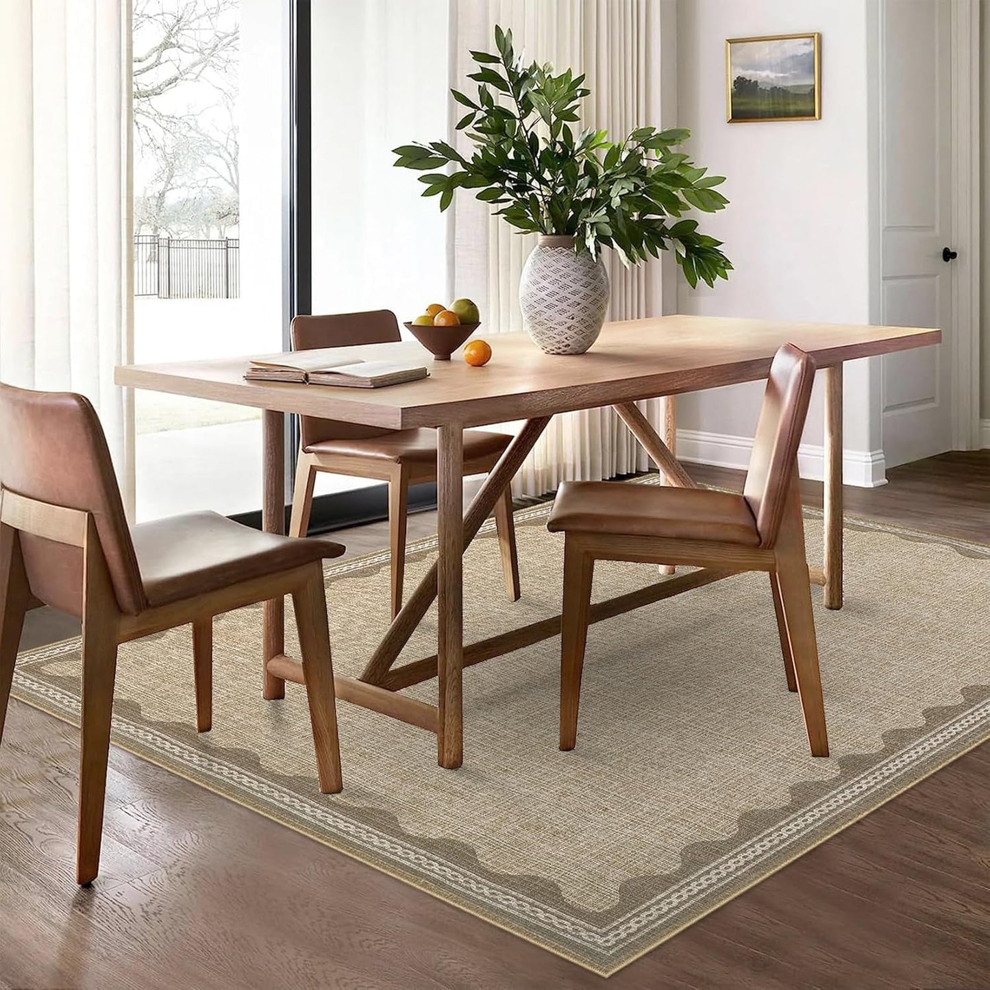 Scalloped Washable Rug 5x7 Area Rugs for Living Room, Solid Tan Rug for Bedroom Girls, Non Slip Scalloped Throw Mat with Rubber Back, Soft Dorm Nursery Low Pile Carpet for Dining Room