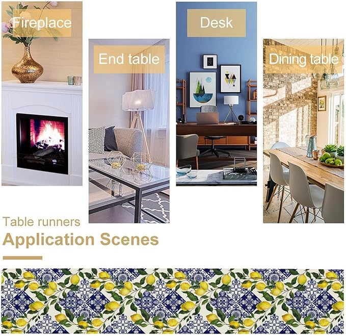 Lemon Fruit Nature Table Runner Farmhouse Talavera Ethnic Folk Rustic Watercolor Blue Dining Table Decoration for Home Holiday Party Dresser Kitchen Cabin Restaurant Wedding Decor 13×108in