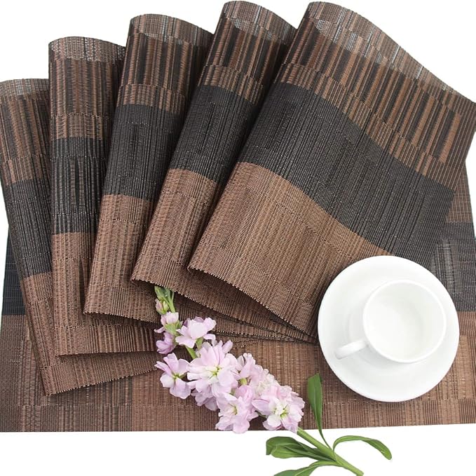 PIGCHCY Placemats,Washable Vinyl Woven Table Mats,Elegant Durable Placemats for Dining Table Set of 6 (Bamboo-Brown)