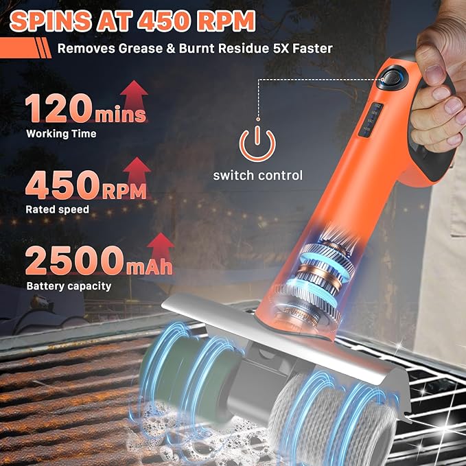 Hillyfe Grill Brush for Outdoor，Cordless Rechargeable Grill Brush with 3 Brush Heads, Grill Electric Cleaning Brushes Without Bristles, LED Light, Grill Scraper, Grilling Gifts for Men,Orange