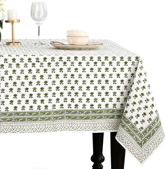 CPC Lotus Meadow Tablecloth 100% Cotton 60x60 Inch Indian Block Print Rectangle Table Cover, Table Cloth for Gifting in Weddings, Halloween, Fall, Christmas, Thanksgiving