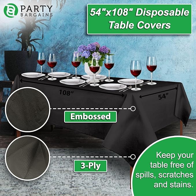 PARTY BARGAINS 5 Disposable Table Covers - 54" X 108" Black Table Cover, 3 Ply Paper & Plastic Tablecloth