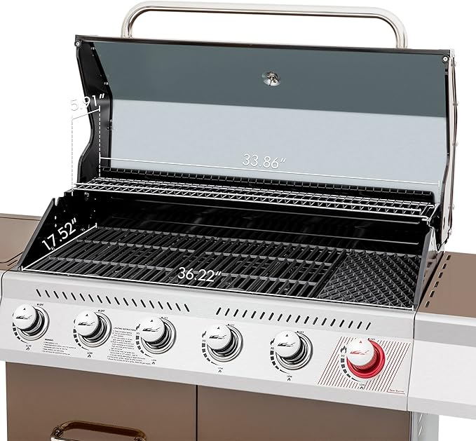 Royal Gourmet GA6402C 6-Burner Propane Gas Grill with Sear Burner and Side Burner, 74,000 BTUs, Cabinet Style Outdoor BBQ Grill for Barbecue Grilling & Backyard Cooking, Coffee