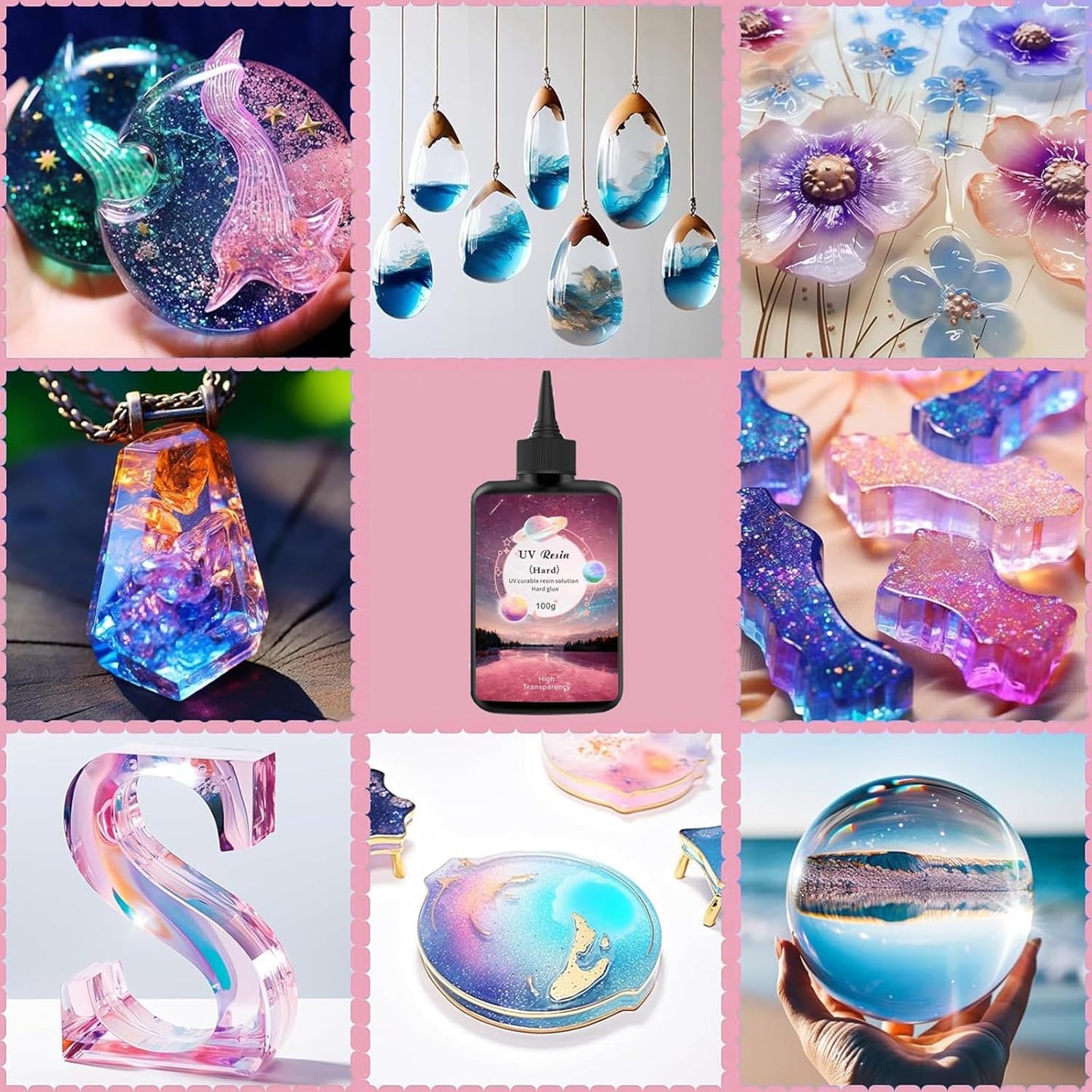 YV-cozx UV Resin Jewelry Making Kit,Crystal Clear Resin with 26 Letter Molds and Casting Tools,DIY Jewelry Making Kit for Necklace,Keychain,Earring (Pink Letter)