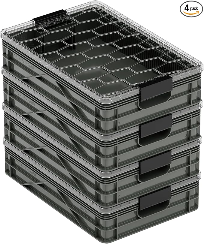 SIDIO Quarter Crate 4 Pack of Stackable Storage Bins - Organizer Bins with Dividers for Garage Organization, Home Storage - Heavy Duty Plastic Containers - 19.16” x 12.75”x 4.57” (Stealth)