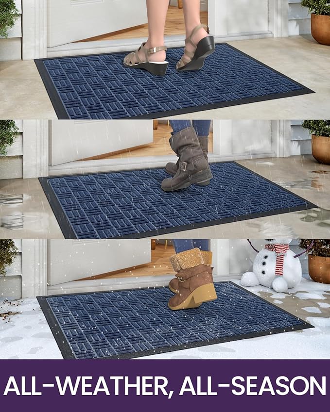 DEXI Front Door Mat Outside Entrance, Rubber Entry Doormat Heavy Duty, Welcome Mats Non Slip for Inside House Floor Entryway Back Doors Exterior Patio, 27.5"x59", Maze Blue