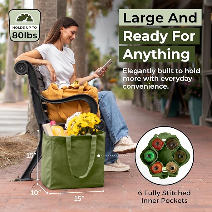VeraMia Canvas Grocery Bag 3pc XL Set with Real Pockets, Long Shoulder Strap and Short Handle. Heavy Duty, Foldable, Washable