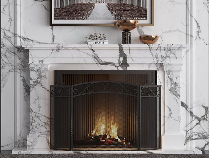 Fire Beauty Fireplace Screen 3 Panel with Handles Wrought Iron 51"(L) x31(H) Spark Guard Cover(Black)
