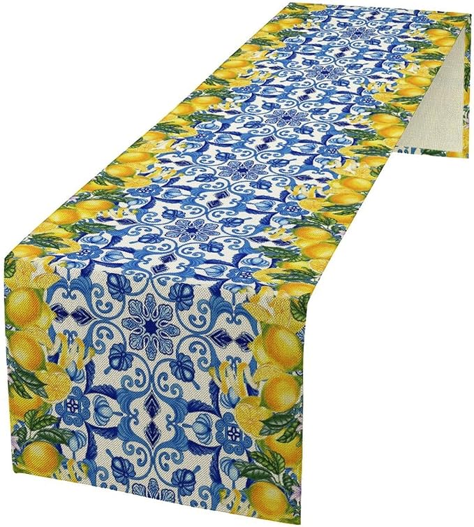 Blue Lemon Table Runner, Italy Tile Yellow Lemon Fruit Table Runners for Farmhouse Coffee Home Kitchen Dining Party Patio Indoor Outdoor 13x36in