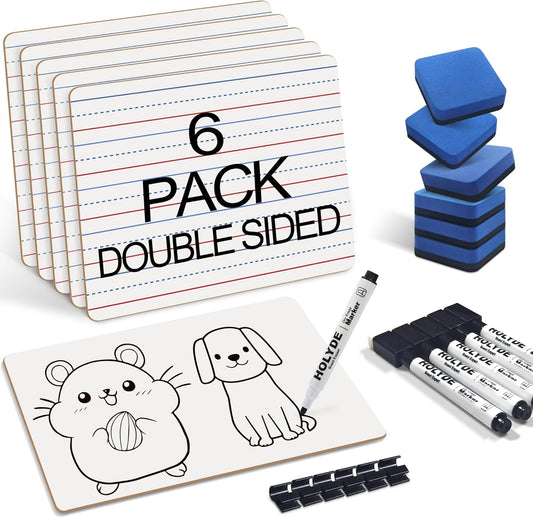 Dry Erase Boards 6 Pack, Double Sided Small Whiteboards with Lines for Kids, Students, Teacher & Classroom Pack, 9"x12" Mini Individual White Boards Lined for Writing Math English Practice