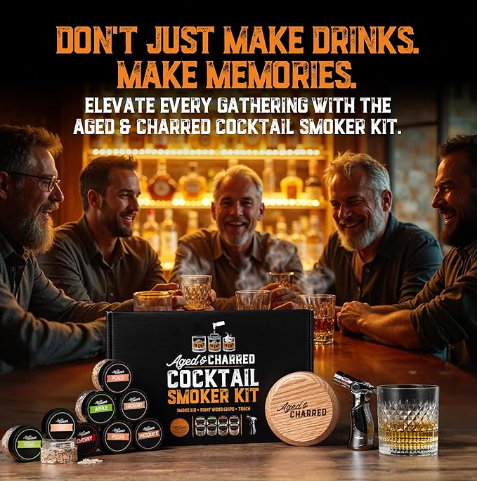 Whiskey Smoker Kit with Torch - 8 Flavors Wood Chips - Bourbon Gifts for Men, Cocktail Smoker kit - USA Oak Smoke Lid (No Butane)