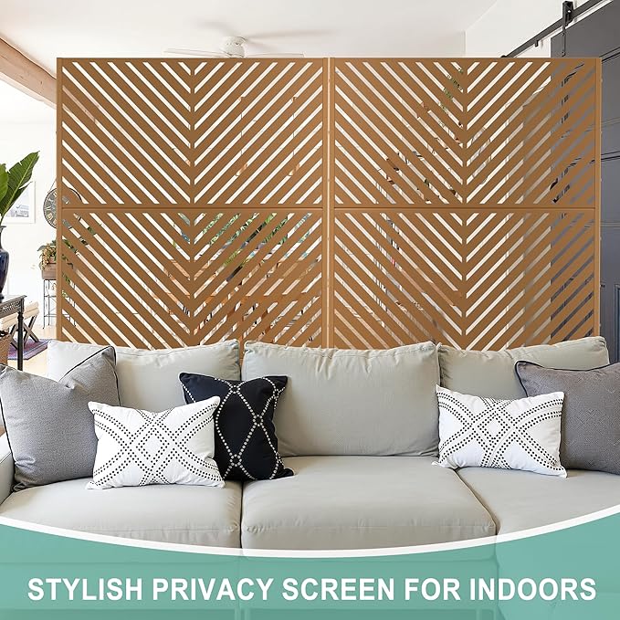 Metal Privacy Screen for Outdoor & Indoor Use, Free Standing Privacy Screen for Patio Garden Pool, 72" H x 47" W Decoative Privacy Panels, Weather Resistant, Easy Assembly (Rust Parallel Line)