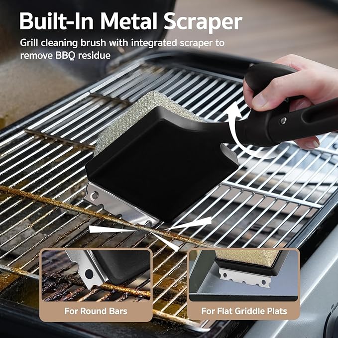 GASPRO Steam Grill Brush Bristle Free for Outdoor Grill, BBQ Grill Cleaning Brush with Replaceable Scrub Sponge Head & Scraper, Ergonomic Handle, Safe for Stainless Steel, Cast Iron & Porcelain Grate