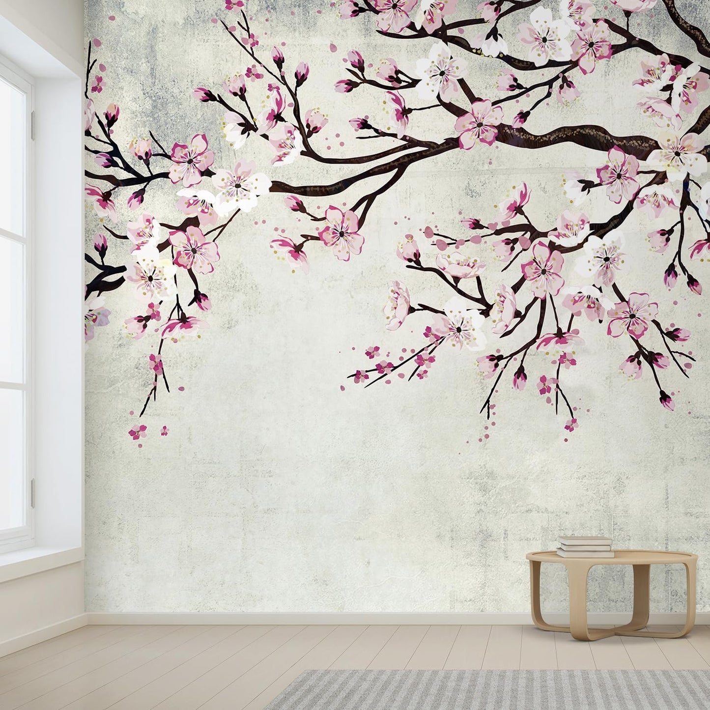 wall26 Large Wall Mural Watercolor Style Ink Painting Pink Cherry Blossom on Vintage Wall Background | Self-Adhesive Vinyl Wallpaper/Removable Modern Wall Decor - 120x192 inches