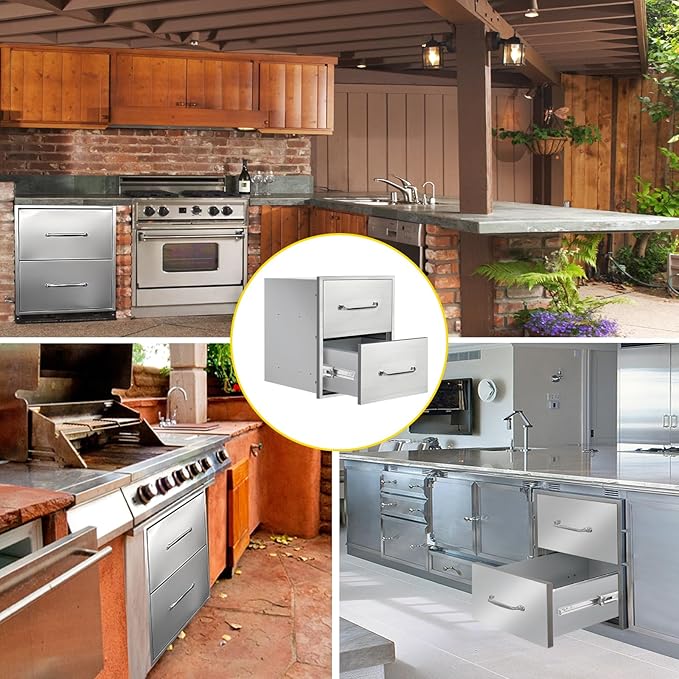 Outdoor Kitchen Drawers 18" W x 21" H x 18" D Flush Mount Double BBQ Drawers with Chrome Handle Stainless Steel Drawer for Outdoor Kitchen Island, Patio Grill Station