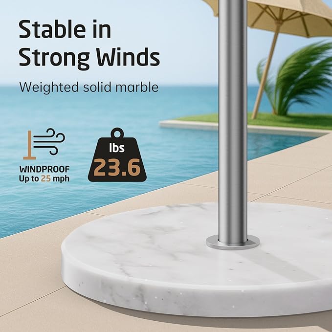 KES Hot Tub Towel Rack Outdoor with 1.5X Heavier Natural Marble Weighted Base, Pool Towel Rack with 360° Adjustable Arms & Storage Tray, 18/8 Stainless Steel, Brushed Steel, OTR203-2