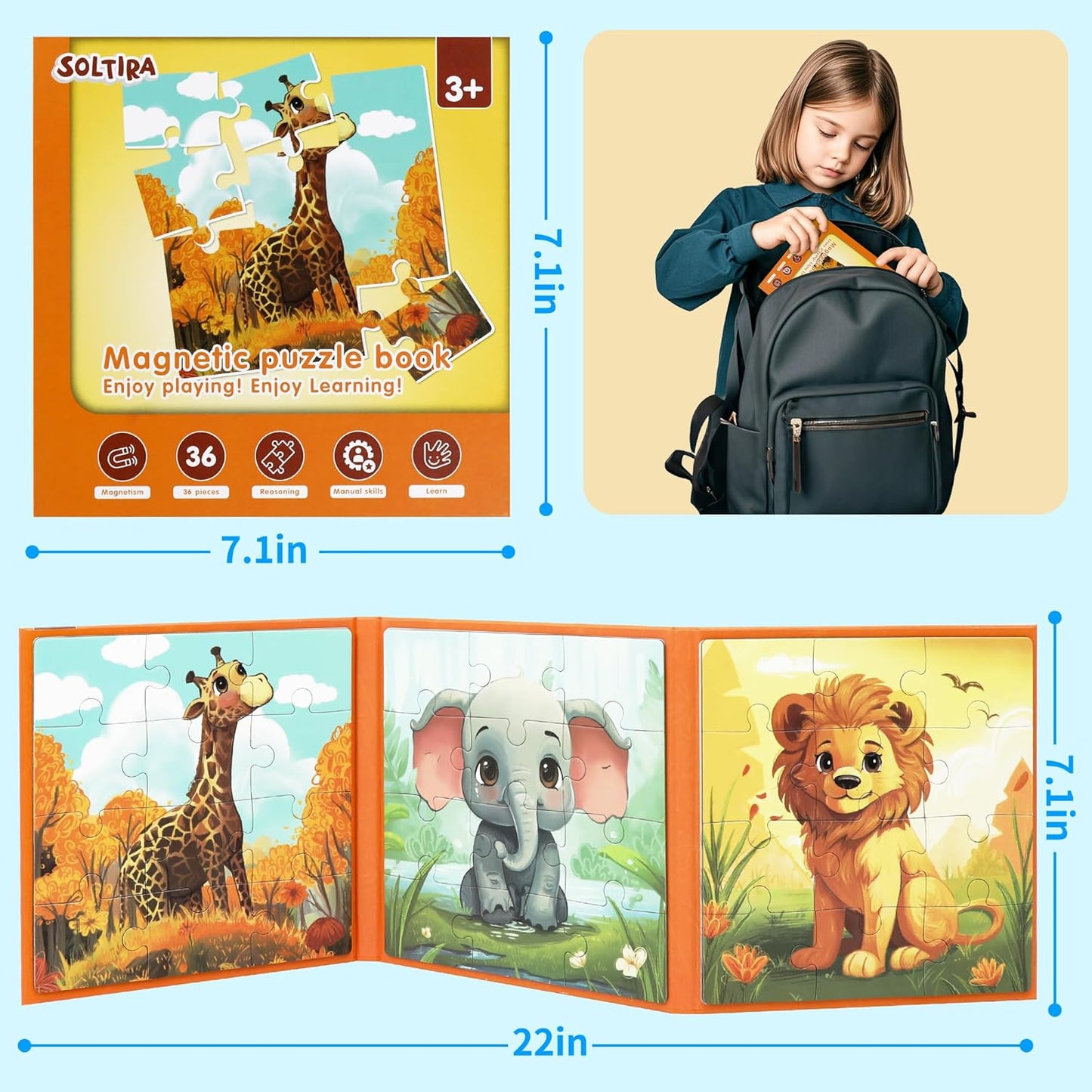 Puzzles for Kids Ages 3-5 36PCS-3 Animal Themes Magnetic Puzzles for Kids 4-6 Travel Puzzle for Airplane/Car/Road Trip/Gift Toys for 3 4 5 6 Year Old Girls and Boys