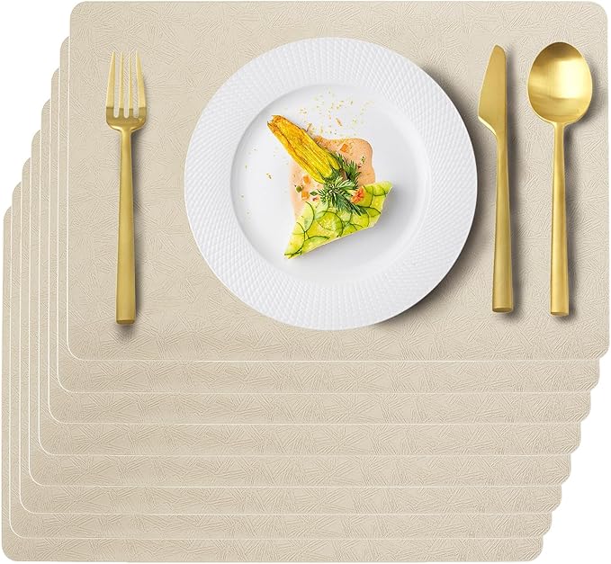 Vinyl Placemats Set of 6 Faux Leather 100% Waterproof Wipeable Washable Place Mats Heat Resistant Easy Clean Non-Slip Table Mats for Indoor Outdoor. (6,Beige)