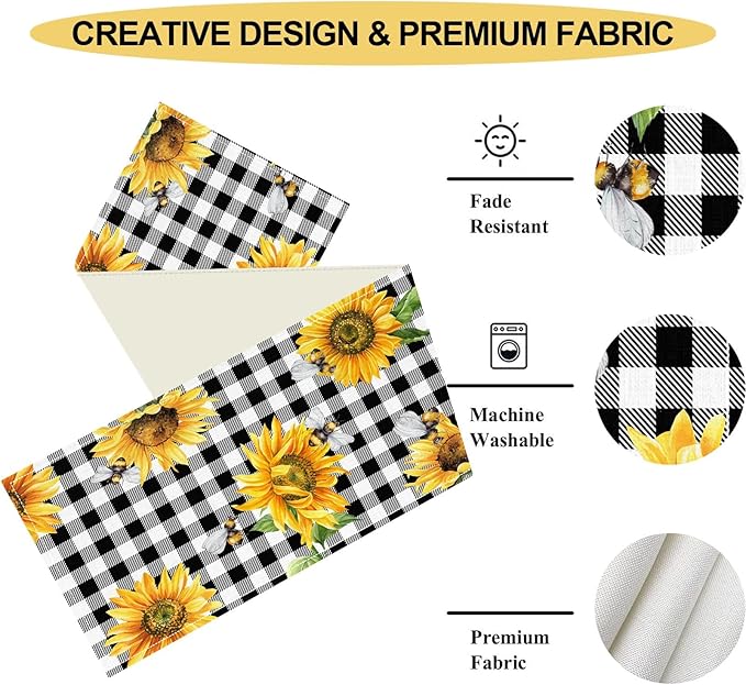 Sunflower Table Runner, Baffalo Plaid Summer Fall Yellow Florals Rustic Farmhouse Country Bumble Bee Coffee Table Center Decor for Home Kitchen Dining Patio Indoor Outdoor Decorations, 13"x36" Inch