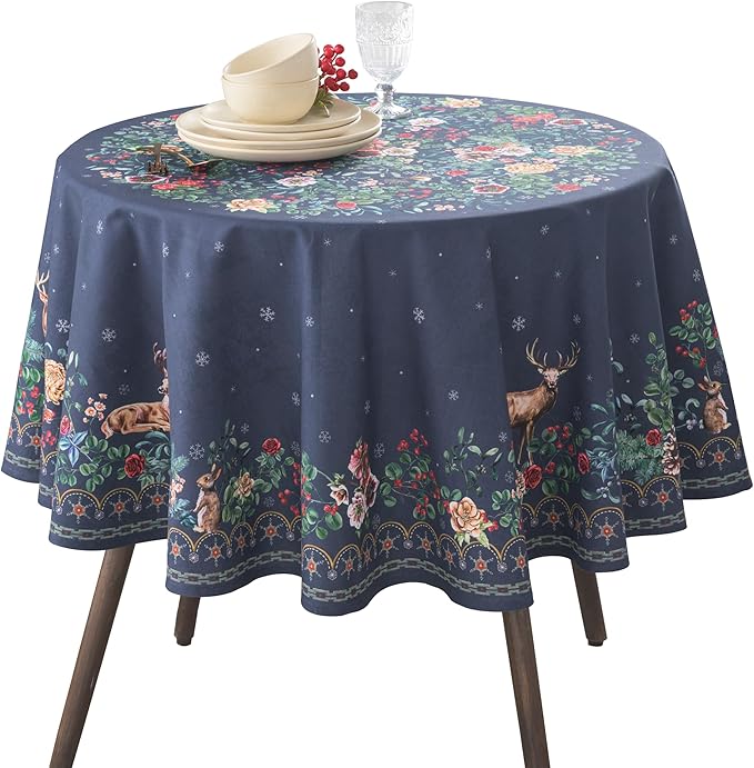 Maison d' Hermine Table Cloth Round Table 100% Cotton 63 Inches Fall Tablecloth Reusable Everyday Use for Thanksgiving Christmas Decorations Dining Farmhouse Party (Christmas Joy)