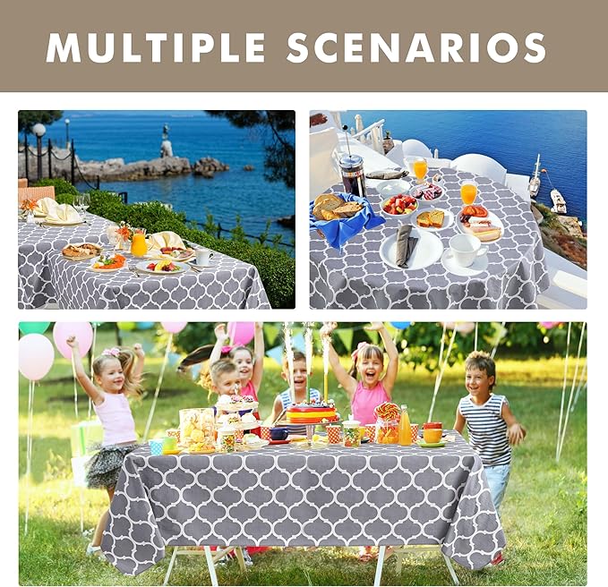 Nasitos 2 Pack Plastic Vinyl Tablecloth with Flannel Backed 60x84 Inch Moroccan Grey