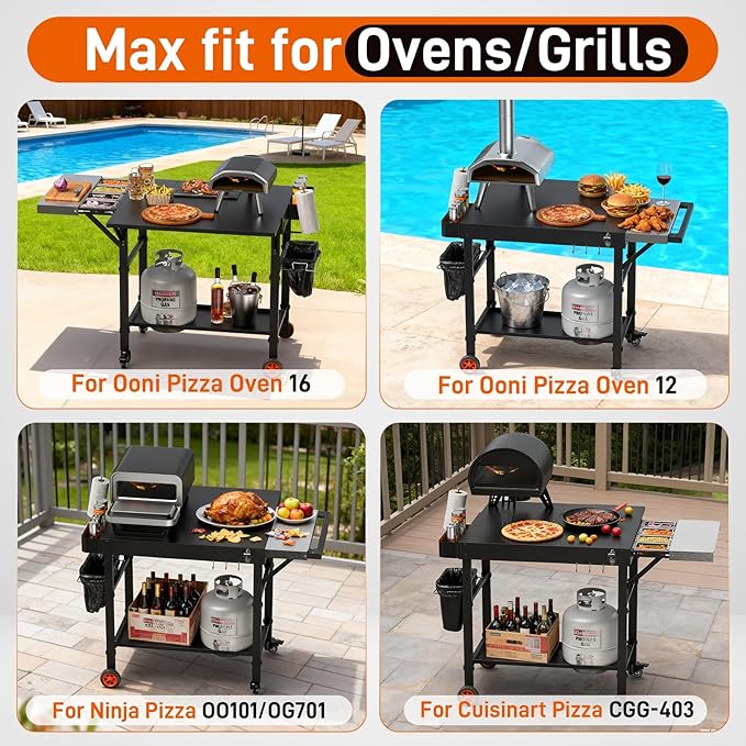 Pizza Oven Table, Grill Cart Table for Ooni Pizza Ovens, Expansive Countertop Pizzas Oven Accessories, Pizzas Stands for Party with Wheels Fits Ooni Blackstone Ninja Cuisinart Gozney