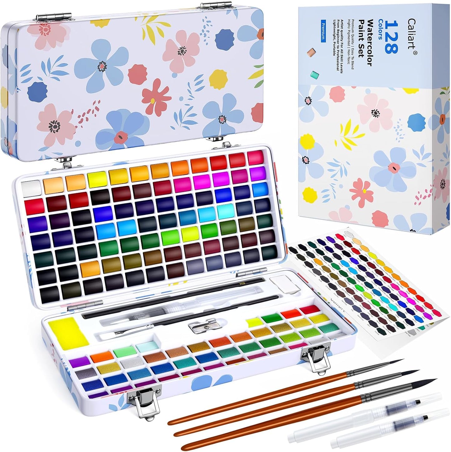 Caliart Watercolor Paint Set, 128 Colors with 4 Brushes Metallic Color Palette Kit, Portable Travel Watercolors Painting Gifts for Adults Artists Painters Beginners Art Supplies