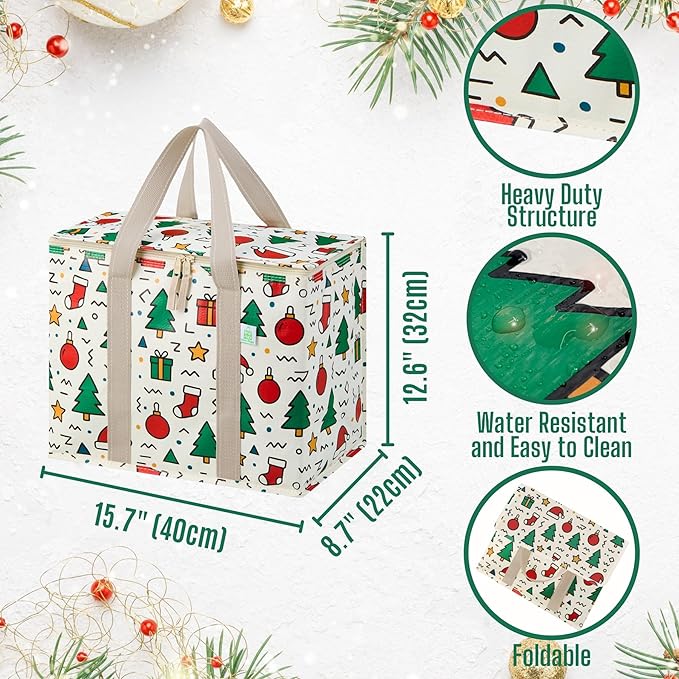 VENO 2 Pack Cooler Bag, Insulated Grocery Bags for Food Delivery, Collapsible Cooler, Reusable Shopping Bags for Groceries, Hard Bottom, Zippered, Foldable, Christmas Pattern (Jingle Mix, 2 Pack)