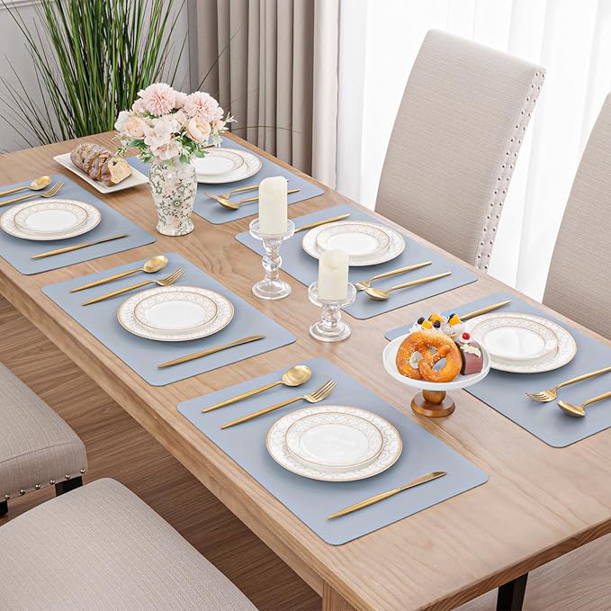 SHACOS Placemats Set of 6 Faux Leather Waterproof Leakproof Wipeable PU Non-Slip Vinyl Place Mats Heat Resistant Table Mats for Kitchen Dining Table Indoor Outdoor, Light Blue