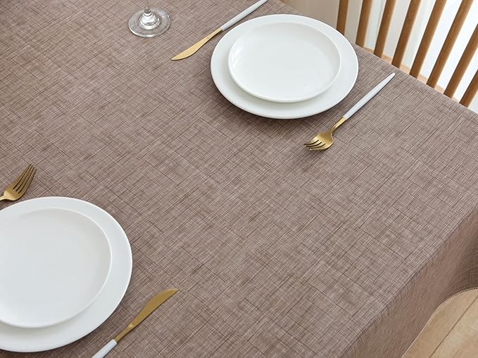 LIBERECOO Vinyl Tablecloth with Flannel Backing, Flaxen, Waterproof, Stain-Resistant, Easy-Clean Table Cover for Dining, Kitchen, and Outdoor Use, 60" x 60" Square