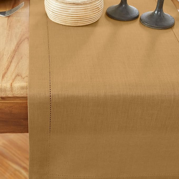 Solino Home Linen Camel Hemstitch Table Runner 48 Inches - 100% Pure Linen Small Table Runner 14 x 48 Inch Ideal for Dresser and Coffee Tables - Medium Weight