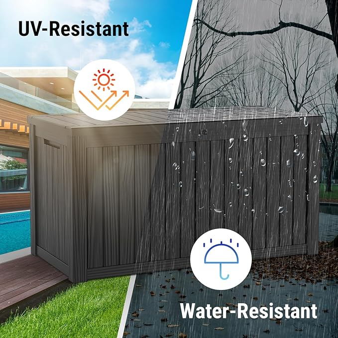 Mars Villa 150 Gallon Deck Box, Waterproof and Weatherproof Large Resin Storage Bin with Lockable Lid, Ideal for, Outdoor, Patio Furniture Cushions, Pool Supplies, Garden Tools, Black