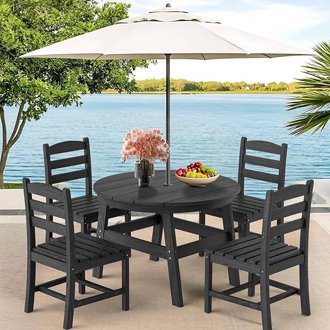 5 Piece Round Outdoor Dining Set, Relaxing HDPE Outdoor Table and Chairs with 105° Ergonomic Backrest, All-Weather Patio Table and Chairs Set with Umbrella Hole for Porch, Poolside, Black