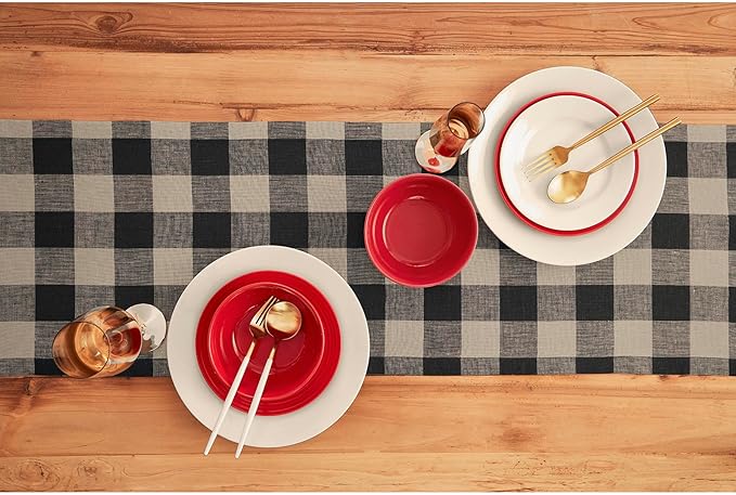 Solino Home Linen Checkered Table Runners 72 Inches Long - 100% Pure Linen Natural and Black Buffalo Check Table Runner 14 x 72 Inch Ideal for Dresser, Dining, Spring