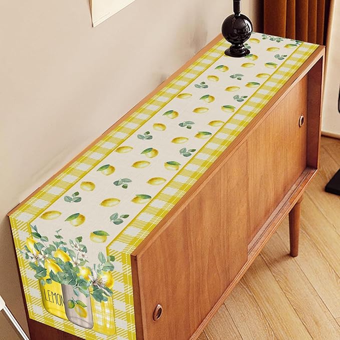 Lemon Table Runner, Farmhouse Yellow Buffalo Plaid Seasonal Summer Spring Fruits Lemon Coffee Table Center Decor for Home Kitchen Dining Party Patio Indoor Outdoor Table Decorations, 13"x36" Inch