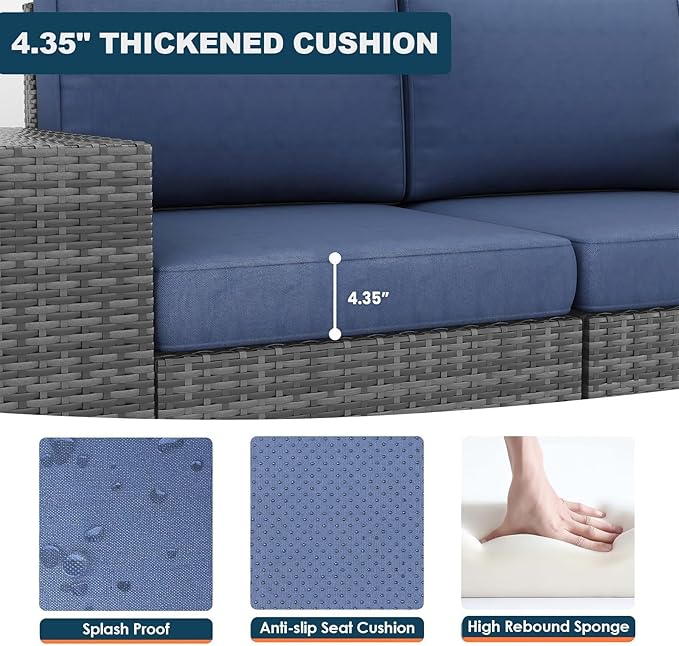 13 Piece Patio Furniture Set with Fire Pit Table, Outdoor Conversation Sets Grey Wicker Rattan Sectional Sofa, 4'' Thickened Cushion Navy Blue (Include Waterproof Cover)