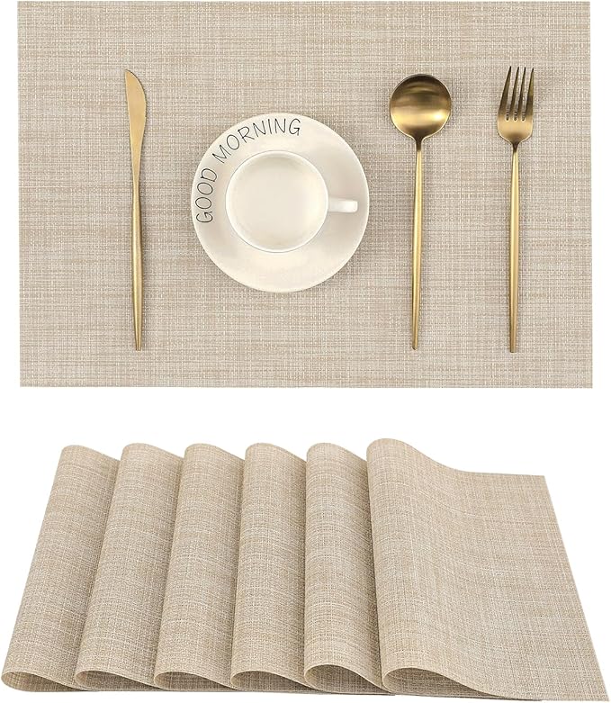 Leetaltree Beige Placemats Set of 6 - Heat Resistant Non-Slip Place mats for Dining Table, Washable Durable PVC Vinyl Woven Table Mats(Beige, 6)