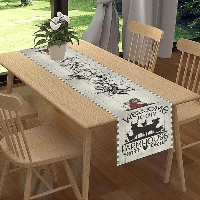 Farmhouse Cow Table Runner, Rustic Rooster Sheep Black White Plaid Animals Farm Coffee Table Center Decor for Home Kitchen Dining Patio Holiday Party Indoor Outdoor Table Decorations, 13"x90"