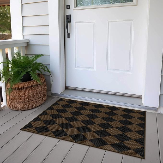 Easy Jute Checkered Entryway Rug, 2x3 Coffee Modern Indoor Outdoor Doormat, Washable Non-Slip Neutral Small Kitchen Rug Farmhouse Diamond Throw Rugs for Entrance Bedroom Bathroom