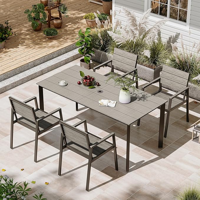 Patio Table and Chairs Set, 5 Piece Outdoor Dining Set with Umbrella Hole, HDPS + Aluminum Patio Furniture Set for Garden (Gray)
