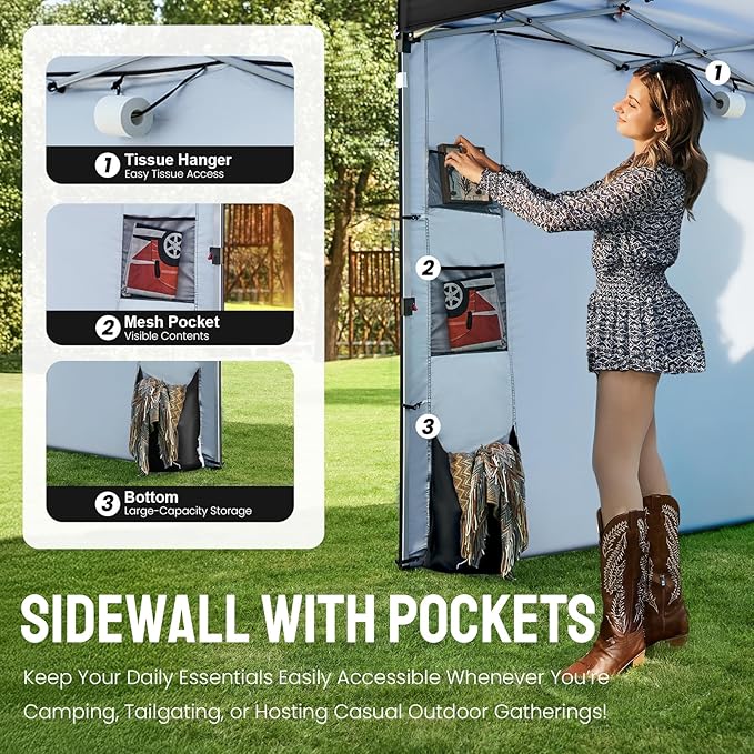 CROWN SHADES Canopy Tent, 10 x 10 Foot Portable Pop Up Outdoor Shelter with Pocket Sidewall, Push Center Lock, UV Protection, and Carry Bag, Black