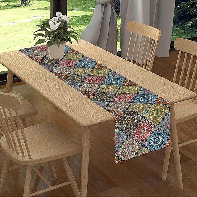 Bohemian Mandala Table Runner, Vintage Colorful Boho Geometric Floral Flower Antique Paisley Rustic Coffee Table Center Decor for Family Kitchen and Living Room Outdoor Table Decorations, 13"x72"