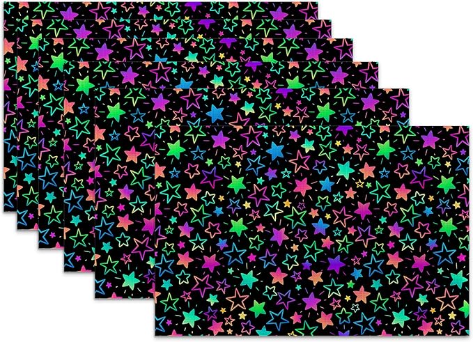 Neon Stars Placemats Set of 6 Linen Heat Resistant,Rainbow Glittering Table Mats Washable Rustic Place Mats Decoration for Home Kitchen Dining Room Party 12x18 Inch