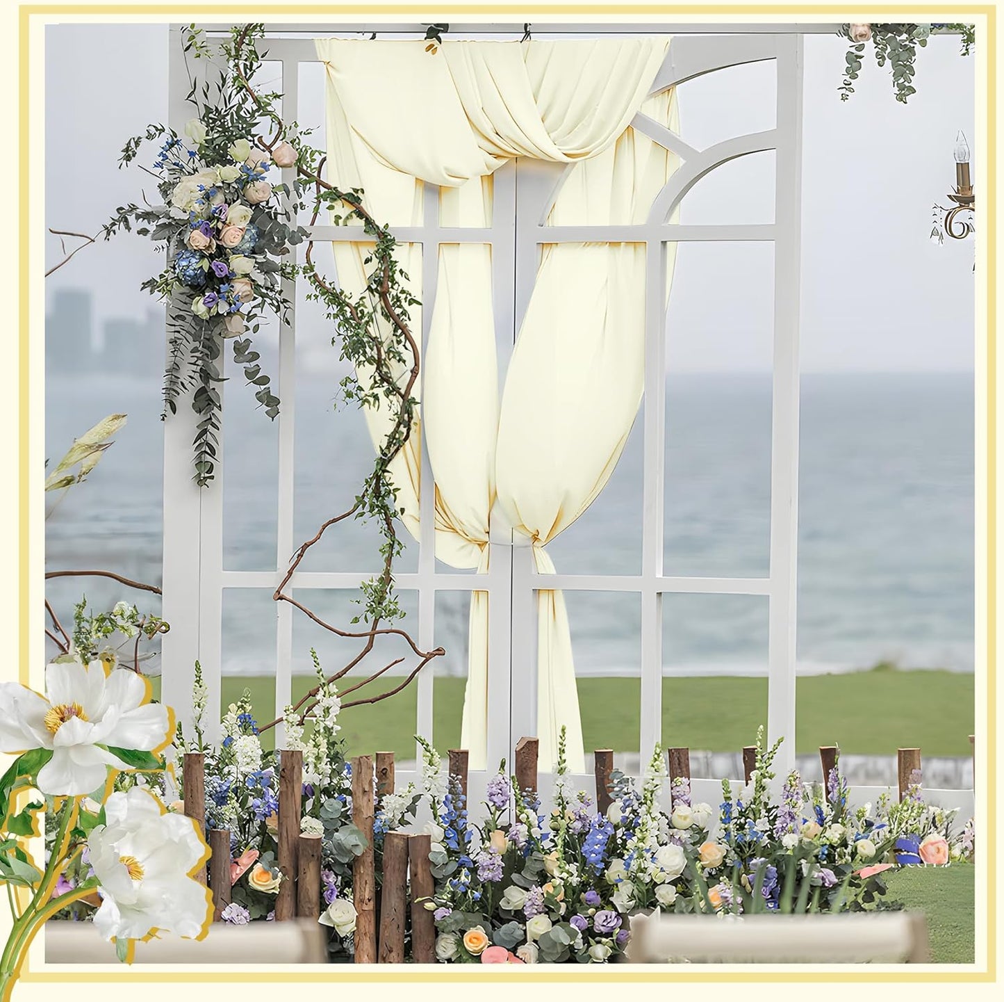 Horbaunal Ivory Chiffon Fabric by The Yard, 5 Yard Continuous Sheer Fabric 59" Wide Soft Draping Fabric for Wedding Arch Draping Party Backdrop DIY Sewing