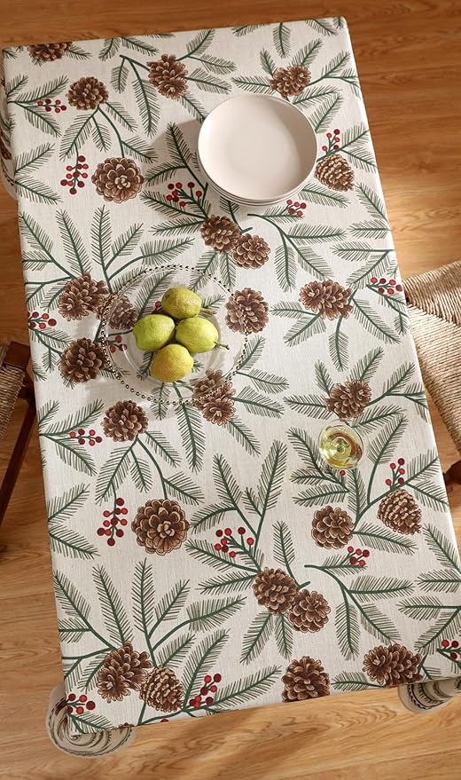 ISAENNE Designer Christmas Beige Linen Extra Long Tablecloth Rectangle,Pinecones Pattern Indoor Table Cloths,Washable Decor Tablecloths for Dining Thanksgiving Kitchen,63"*110"-Carol B