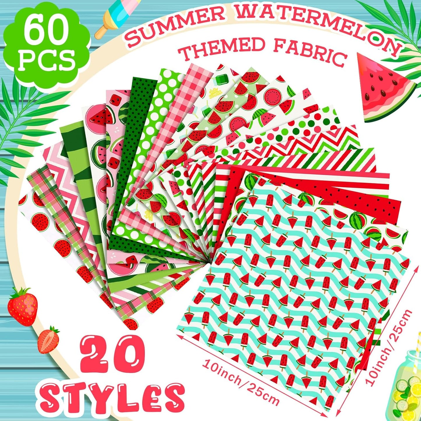 Ganeen 60 Pcs 10 x 10 Inch Quilting Fabric Squares Vintage Fat Patchwork Precut Strips Fabric Bundles for Holiday DIY Craft Sewing Quilt Material(Summer Watermelon)