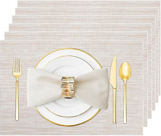 Placemats Set of 6 Washable&Wipeable Place mats for Dining Table Kitchen Indoor Outdoor Table Mats Heat Resistant Non Slip Woven Vinyl Table Placemats (Beige，6PCS)